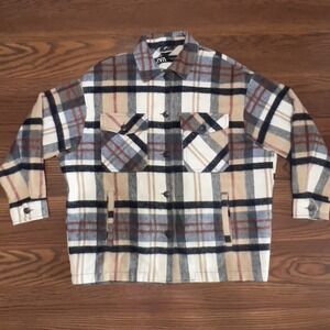 Zara Plaid Shacket Women Medium Tan Blue White Good Oversized Button Down Jacket